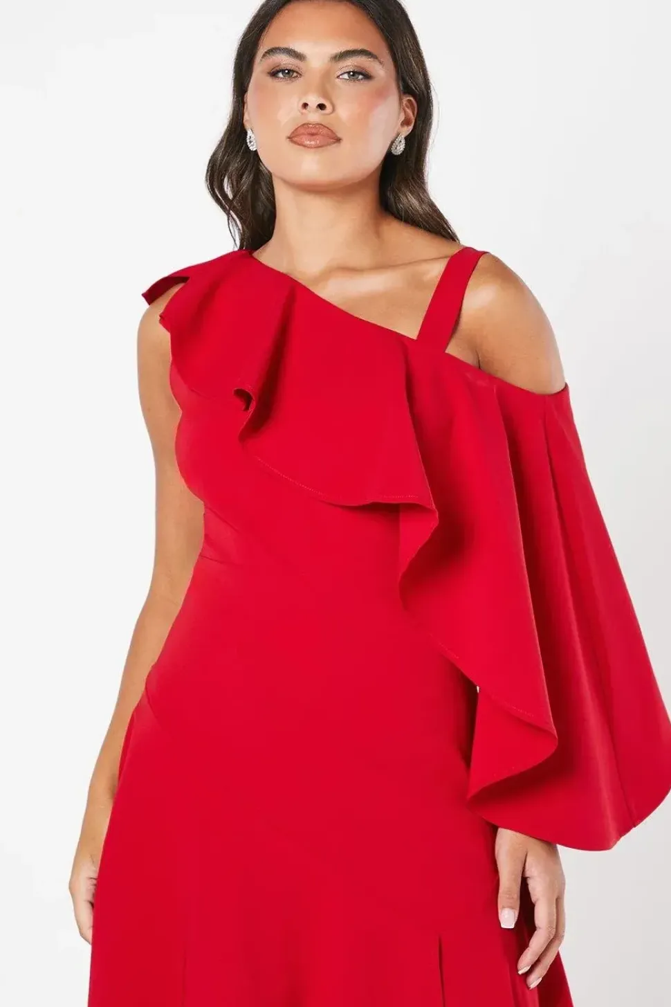 One Shoulder Ruffle Crepe Midi Dress