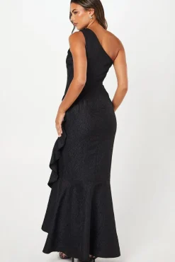 One Shoulder Ruffle Detail Jacquard Black Maxi Dress