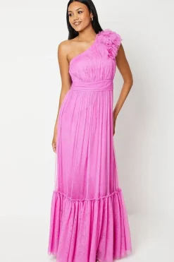 One Shoulder Ruffle Tulle Maxi Dress