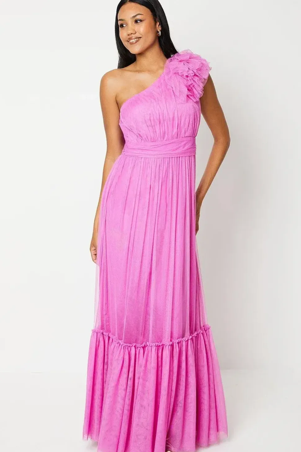 One Shoulder Ruffle Tulle Maxi Dress