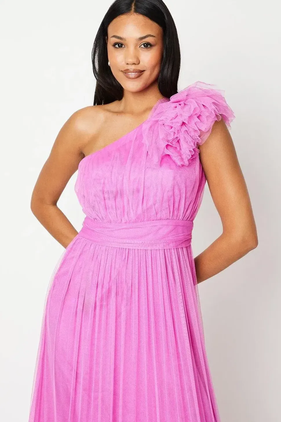 One Shoulder Ruffle Tulle Maxi Dress