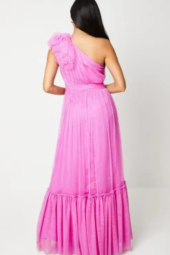 One Shoulder Ruffle Tulle Maxi Dress