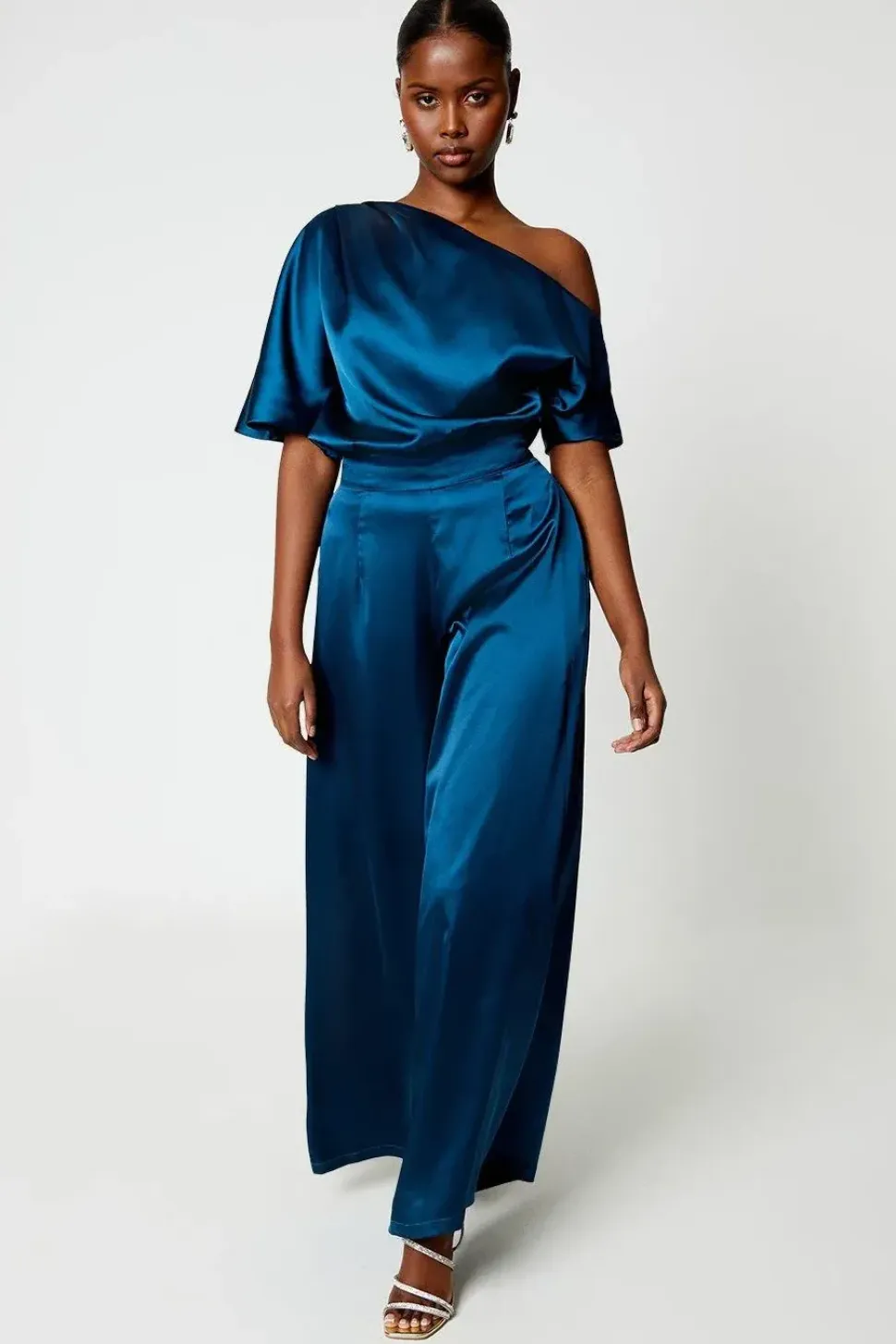 One Shoulder Satin Top Jumpsuit