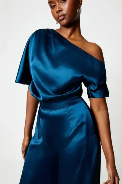 One Shoulder Satin Top Jumpsuit