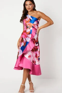 One Shoulder Seam Detail Ruffle Midi Dress