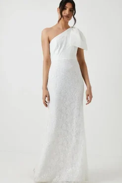 One Shoulder Statement Bow Sequin Lace Wedding Dress