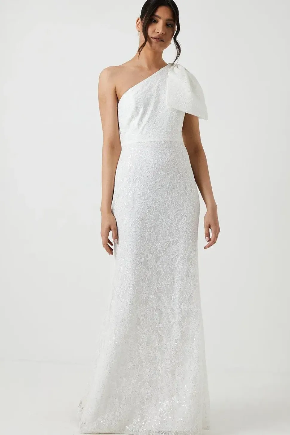 One Shoulder Statement Bow Sequin Lace Wedding Dress