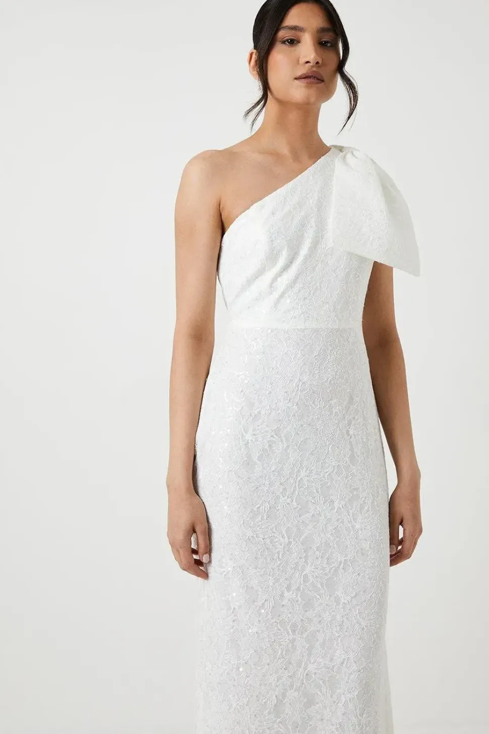 One Shoulder Statement Bow Sequin Lace Wedding Dress
