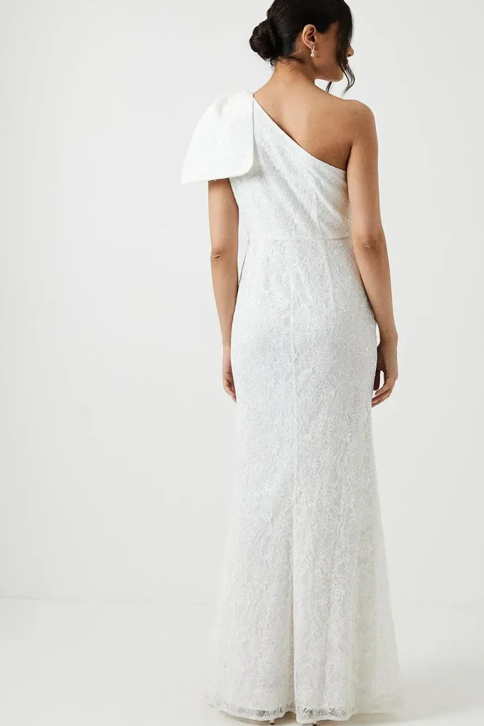 One Shoulder Statement Bow Sequin Lace Wedding Dress