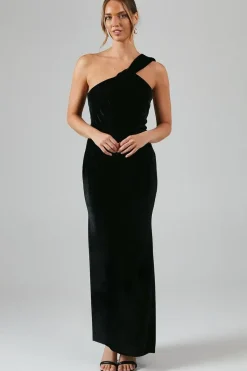 One Shoulder Twist Detail Velvet Maxi Bridesmaid Dress