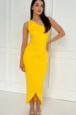 One Shoulder Wrap Draped Midi Dress