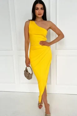 One Shoulder Wrap Draped Midi Dress