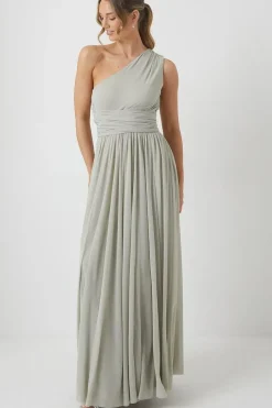 One Shoulder Wrap Waist Stretch Mesh Bridesmaid Dress