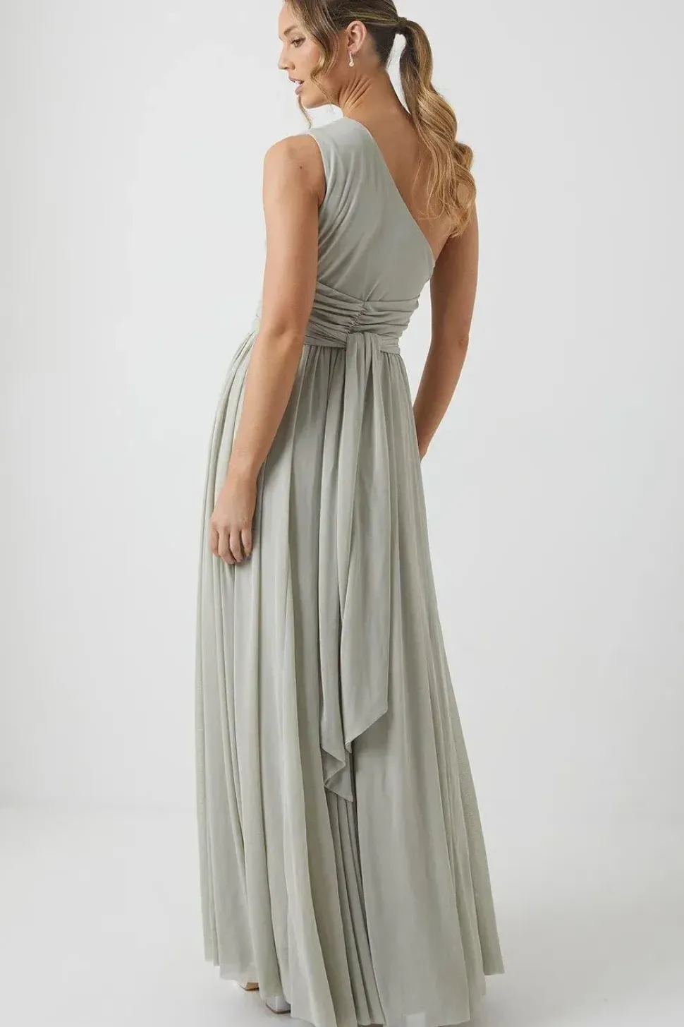 One Shoulder Wrap Waist Stretch Mesh Bridesmaid Dress
