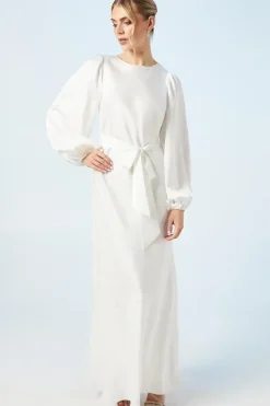 Open Back Blouson Sleeve Satin Wedding Dress