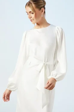 Open Back Blouson Sleeve Satin Wedding Dress