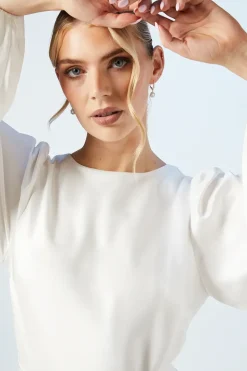 Open Back Blouson Sleeve Satin Wedding Dress
