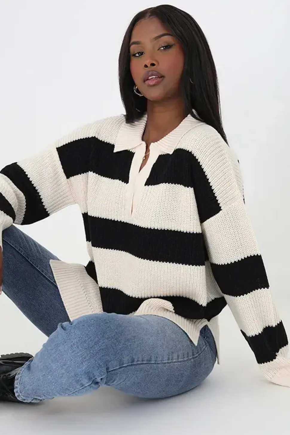 Open Collar Fisherman Knit Jumper