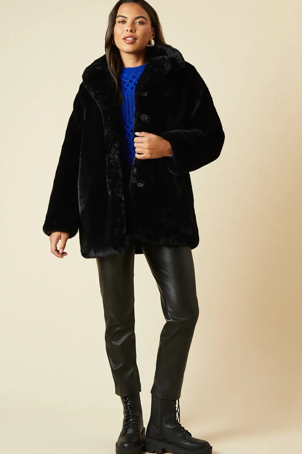 Open Collar Midi Fur Coat