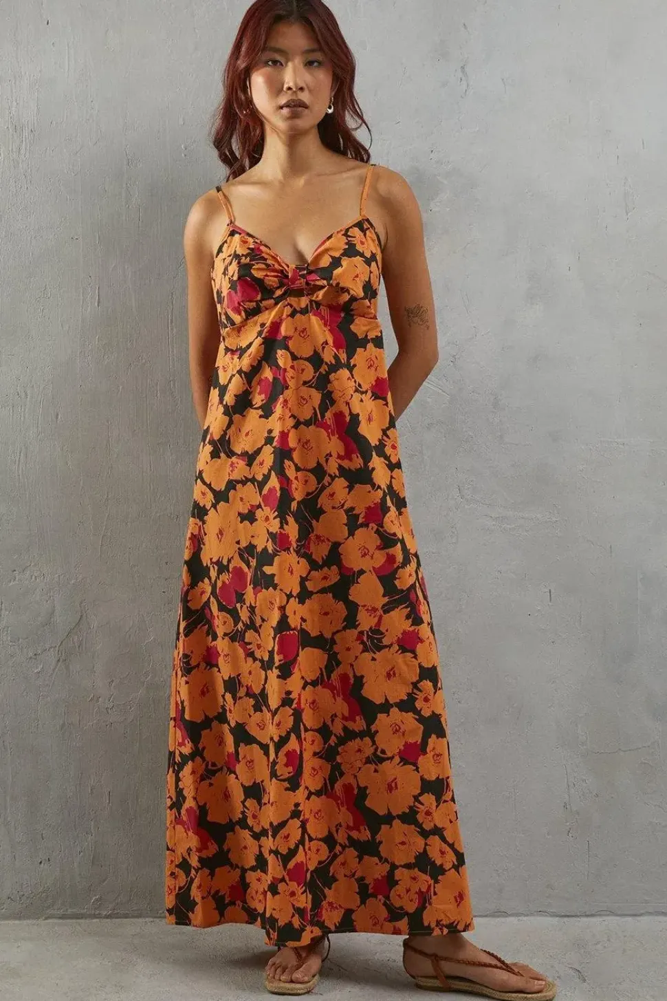 Orange Floral Poplin Tie Front Midi Sundress