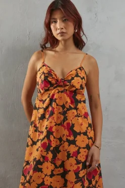Orange Floral Poplin Tie Front Midi Sundress