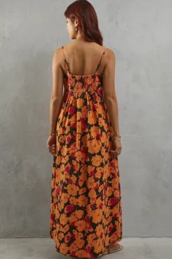 Orange Floral Poplin Tie Front Midi Sundress