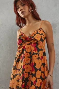 Orange Floral Poplin Tie Front Midi Sundress
