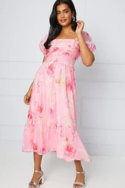 Organza Blurred Floral Pleated Midi Smock Dress