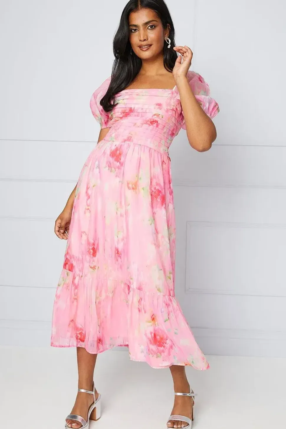 Organza Blurred Floral Pleated Midi Smock Dress