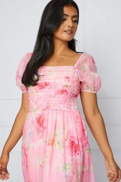Organza Blurred Floral Pleated Midi Smock Dress