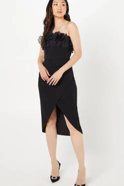 Organza Flower Bardot Midi Wedding Guest Dress
