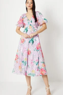 Organza Gather Detail Puff Sleeve Midi Dress