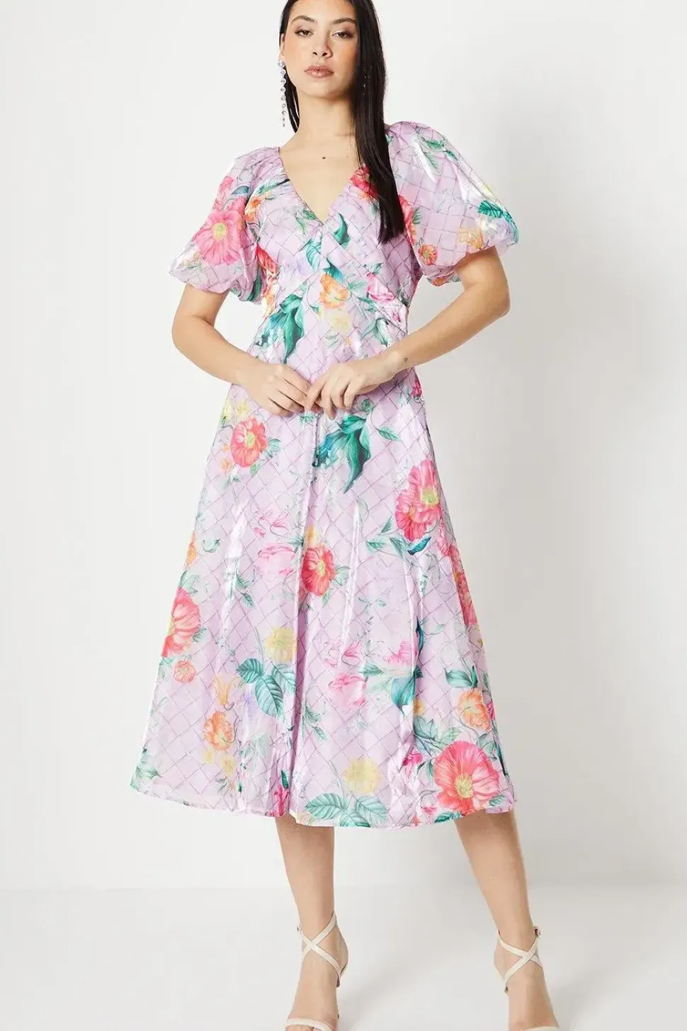 Organza Gather Detail Puff Sleeve Midi Dress