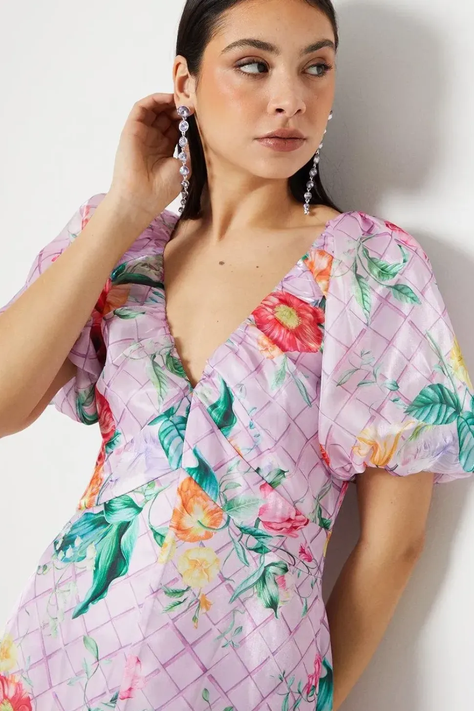 Organza Gather Detail Puff Sleeve Midi Dress