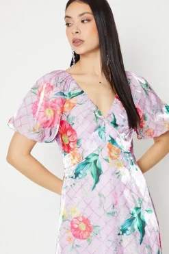 Organza Gather Detail Puff Sleeve Midi Dress