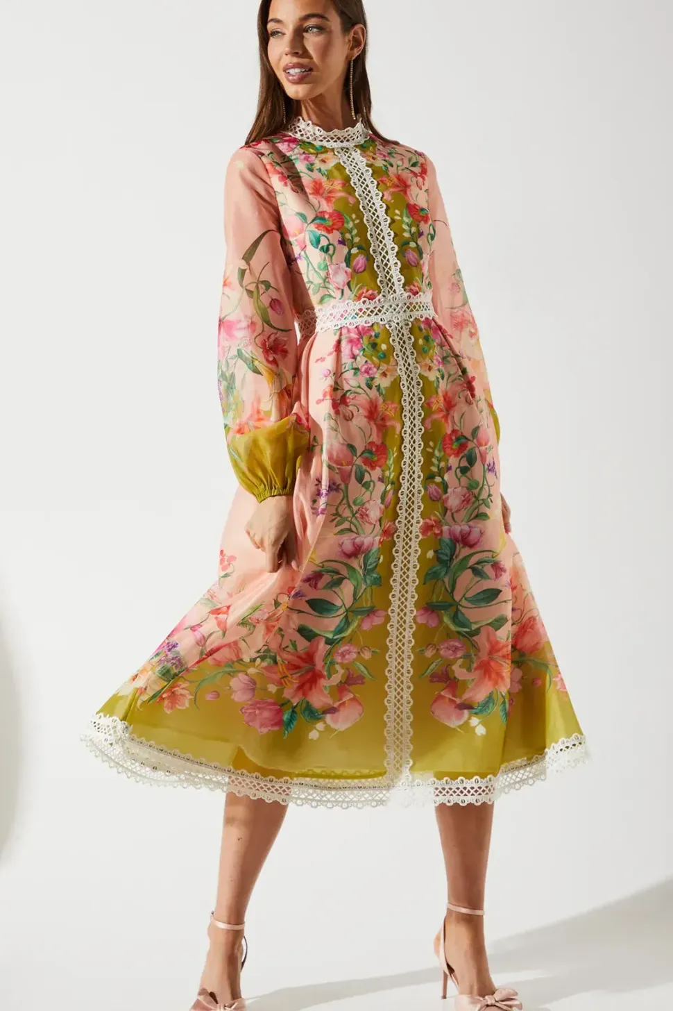 Organza Lace Trim Midi Dress