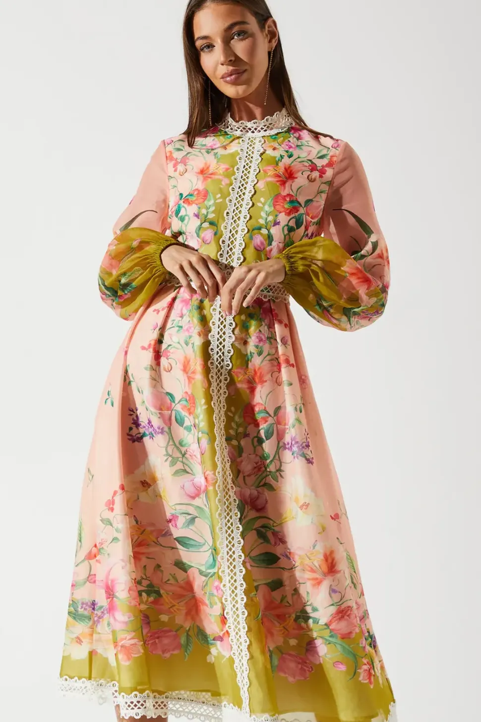 Organza Lace Trim Midi Dress