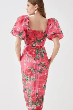 Organza Pencil Dress With Puff Sleeve