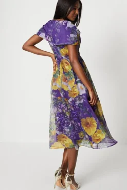 Organza Print Pleat Cape Detail Midi Dress