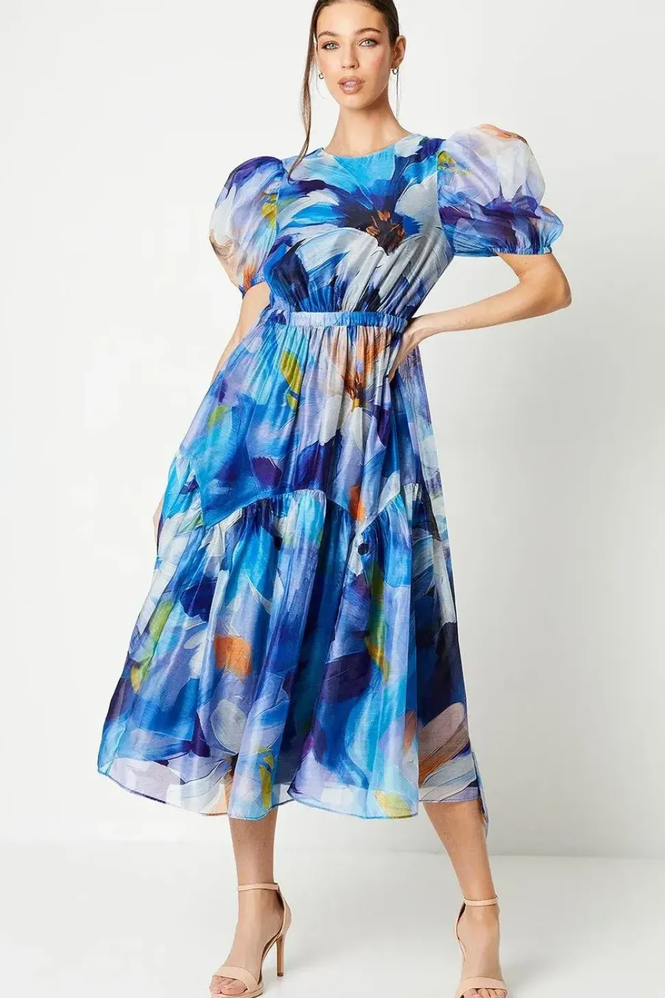 Organza Puff Sleeve Midi Dress