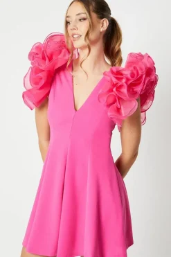 Organza Ruffle Sleeve Crepe Mini Dress