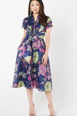 Organza Short Sleeve Printed Tie Waist Shirt Dress