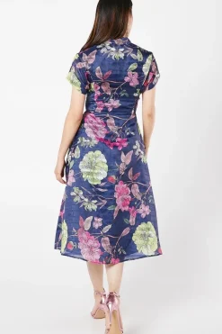 Organza Short Sleeve Printed Tie Waist Shirt Dress