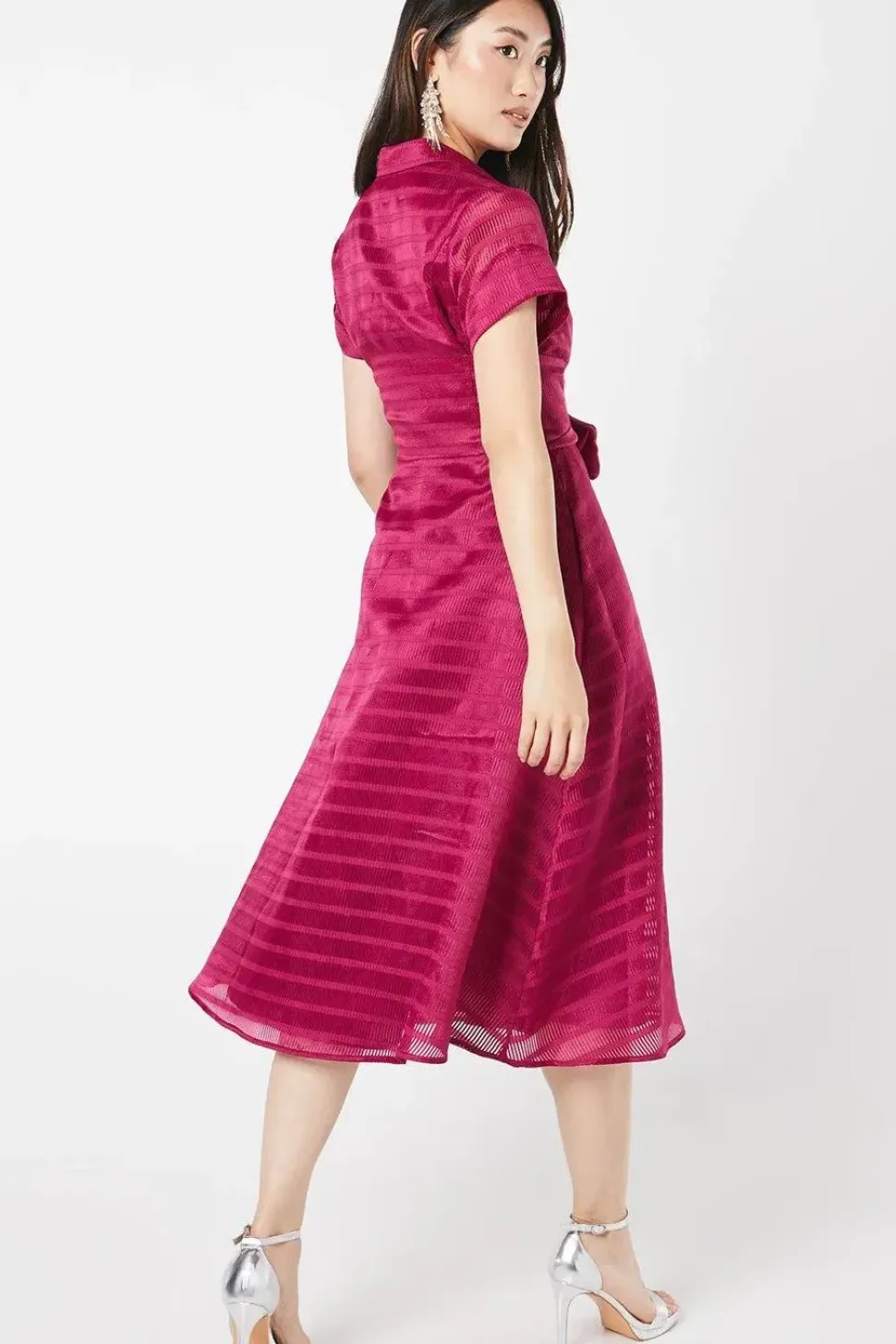 Organza Short Sleeve Tie Waist Shirt Dress