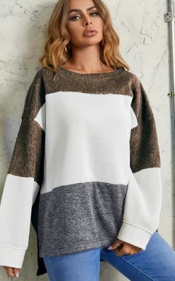 Oversized Grey & White Block Colour Top In Brown