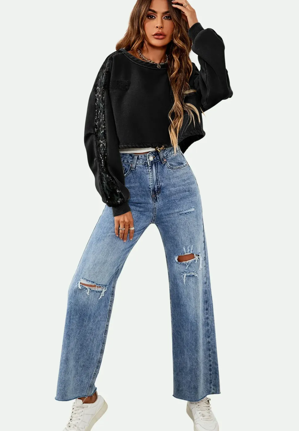 Oversized Sequin Detail Cropped Sweatshirt In Black