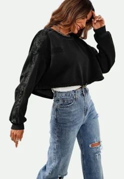 Oversized Sequin Detail Cropped Sweatshirt In Black