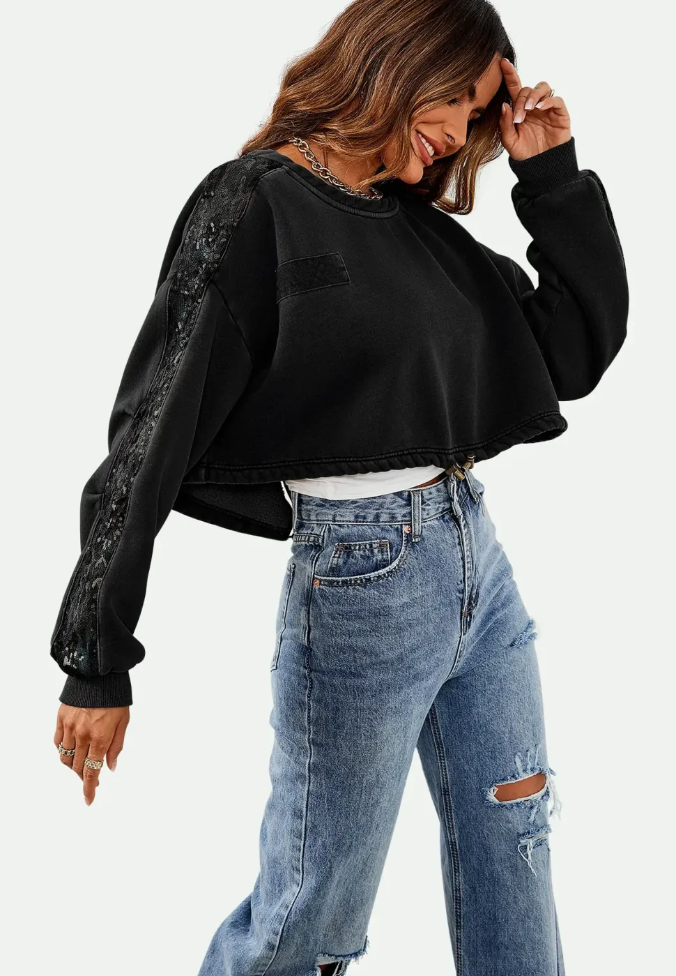 Oversized Sequin Detail Cropped Sweatshirt In Black