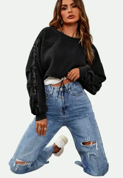 Oversized Sequin Detail Cropped Sweatshirt In Black