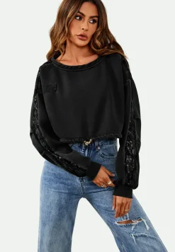 Oversized Sequin Detail Cropped Sweatshirt In Black